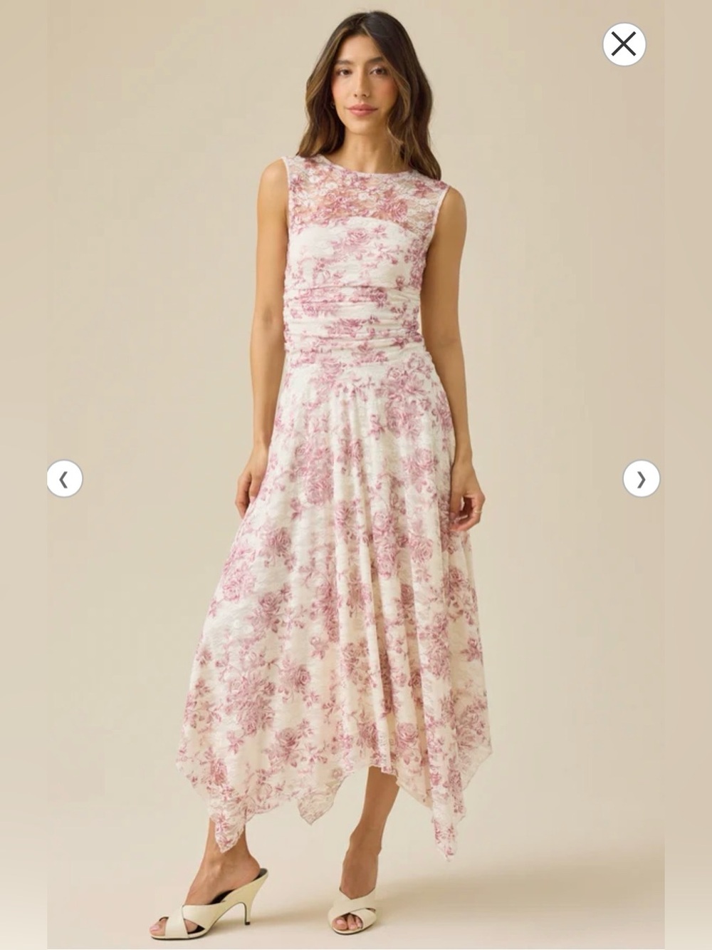 Altar'd State Cream and Pink Floral Handkerchief-Hem Lace Dress